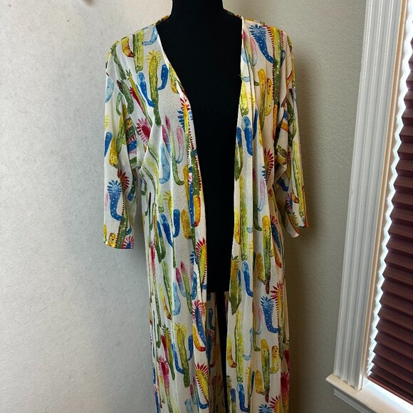Lucky & Blessed Cardigan‎ kimono Size M/L White Multi-color Cactus cacti - Picture 1 of 5